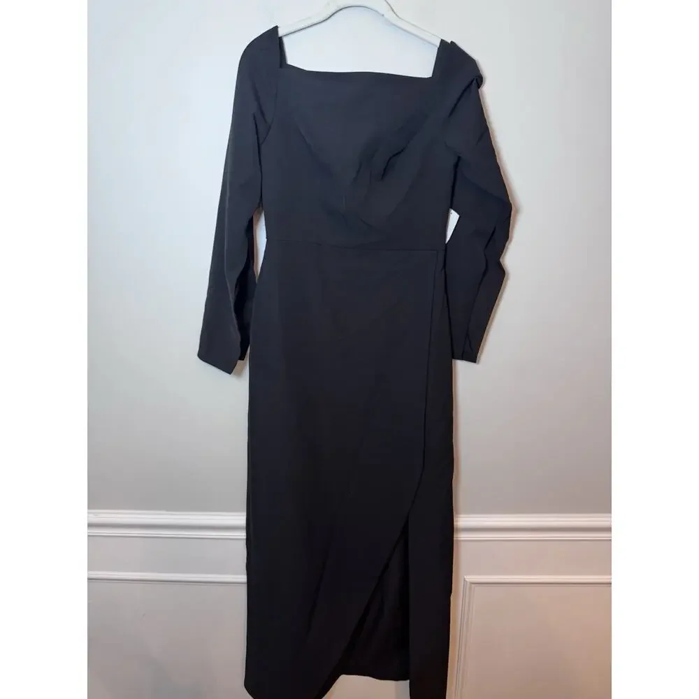 Kay Unger Black Midi Dress Split Sleeve Slit On Leg Sz 4 NEW
